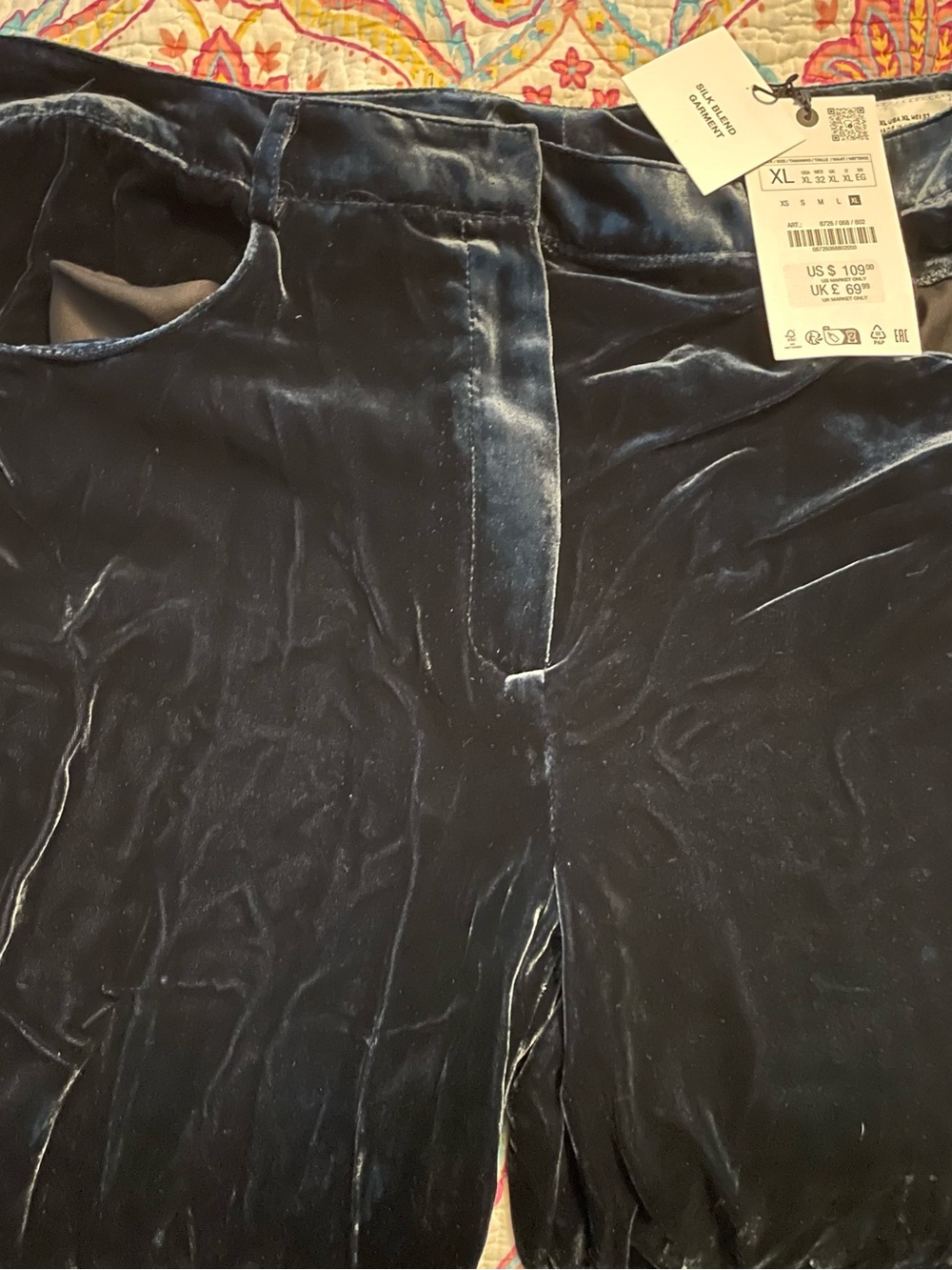 Zara Velvet-Look Navy Corduroy High-Waist Pants